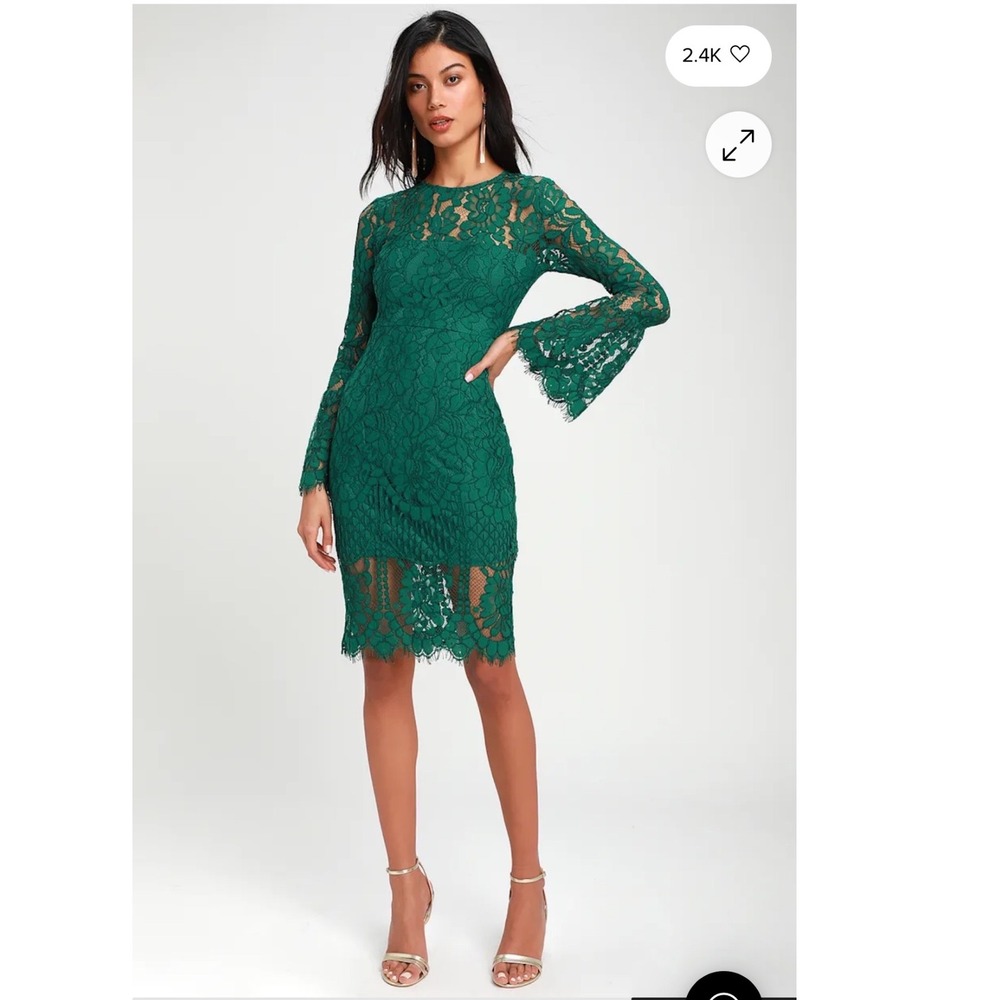 Lulus Enrapturing Elegance Green Lace Long Sleeve Midi Dress Bell Sleeve XS